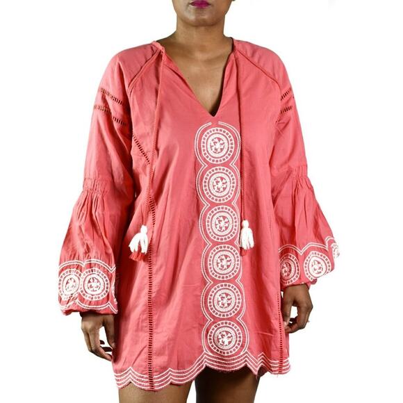Show Me Your Mumu Claudine Dress Coral Embroidered Tunic Mini Tassels Size Small - Picture 1 of 14